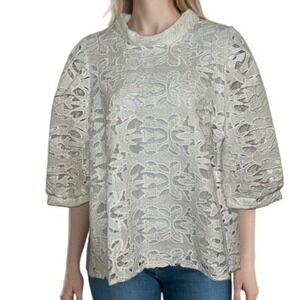 SEE AND BE SEEN White Lace Mock Neck Eyelet Overlay Statement Sleeve Top NWT S
